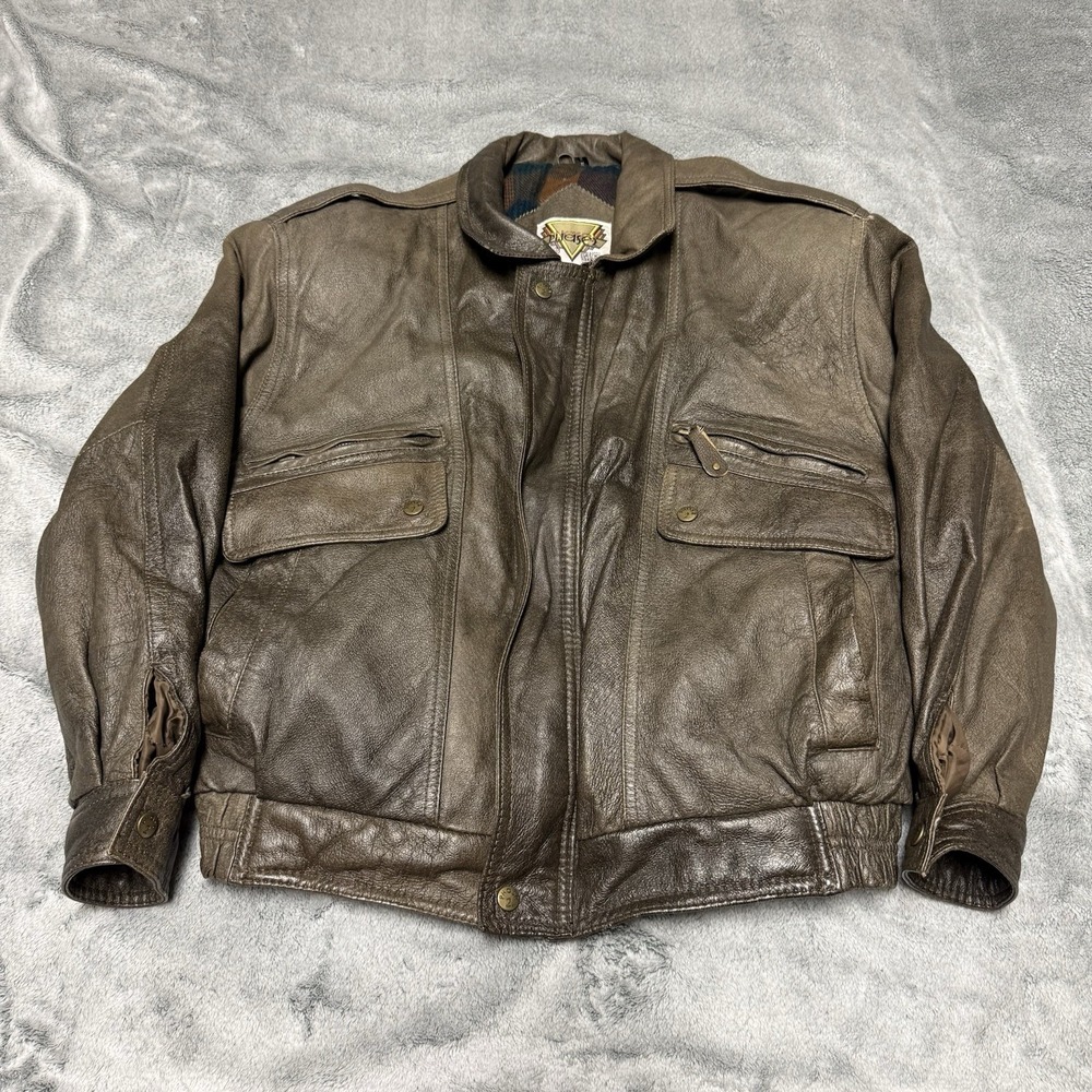 Vintage Leather Jacket Mens Medium Brown Bomber Full Zip Distressed Flight 1990s
